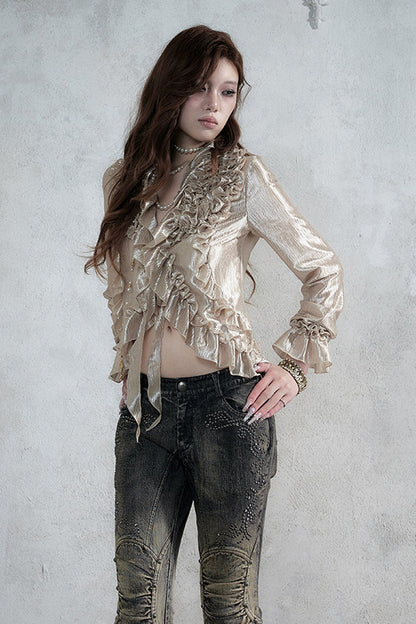 Ruffle Trim Tie Waist Long-Sleeved Blouse