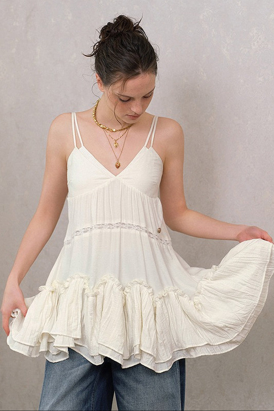 White Asymmetrical Ruffle Hem V-Neck Slip Dress