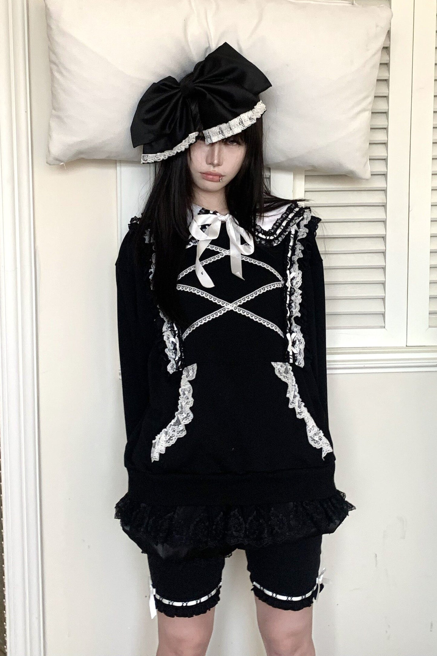 Bow Lace Trim Detachable Collar Sweatshirt and Leggings Set-Up