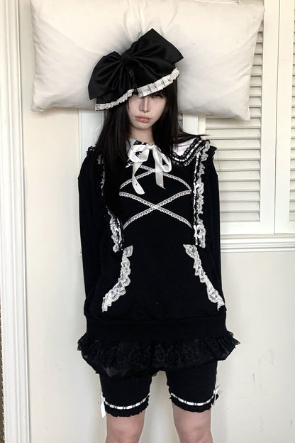 Bow Lace Trim Detachable Collar Sweatshirt and Leggings Set-Up