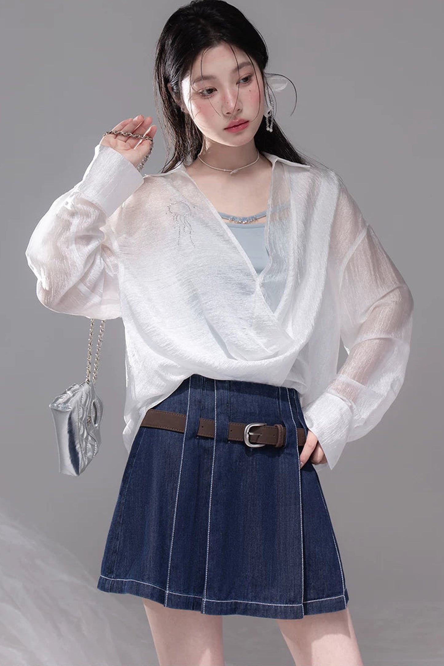 Night Blue Pleated Denim Skirt