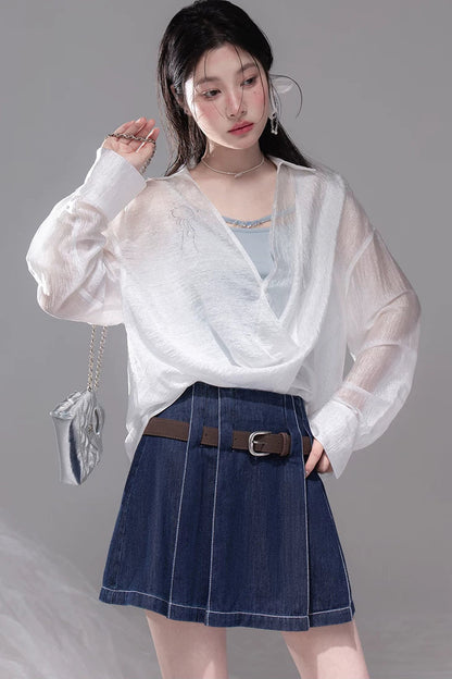 Night Blue Pleated Denim Skirt