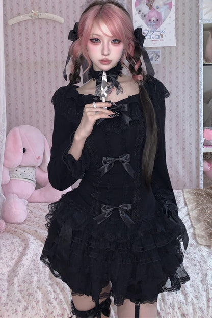 Multi-Layered Lace Bow Long Sleeve T-Shirt