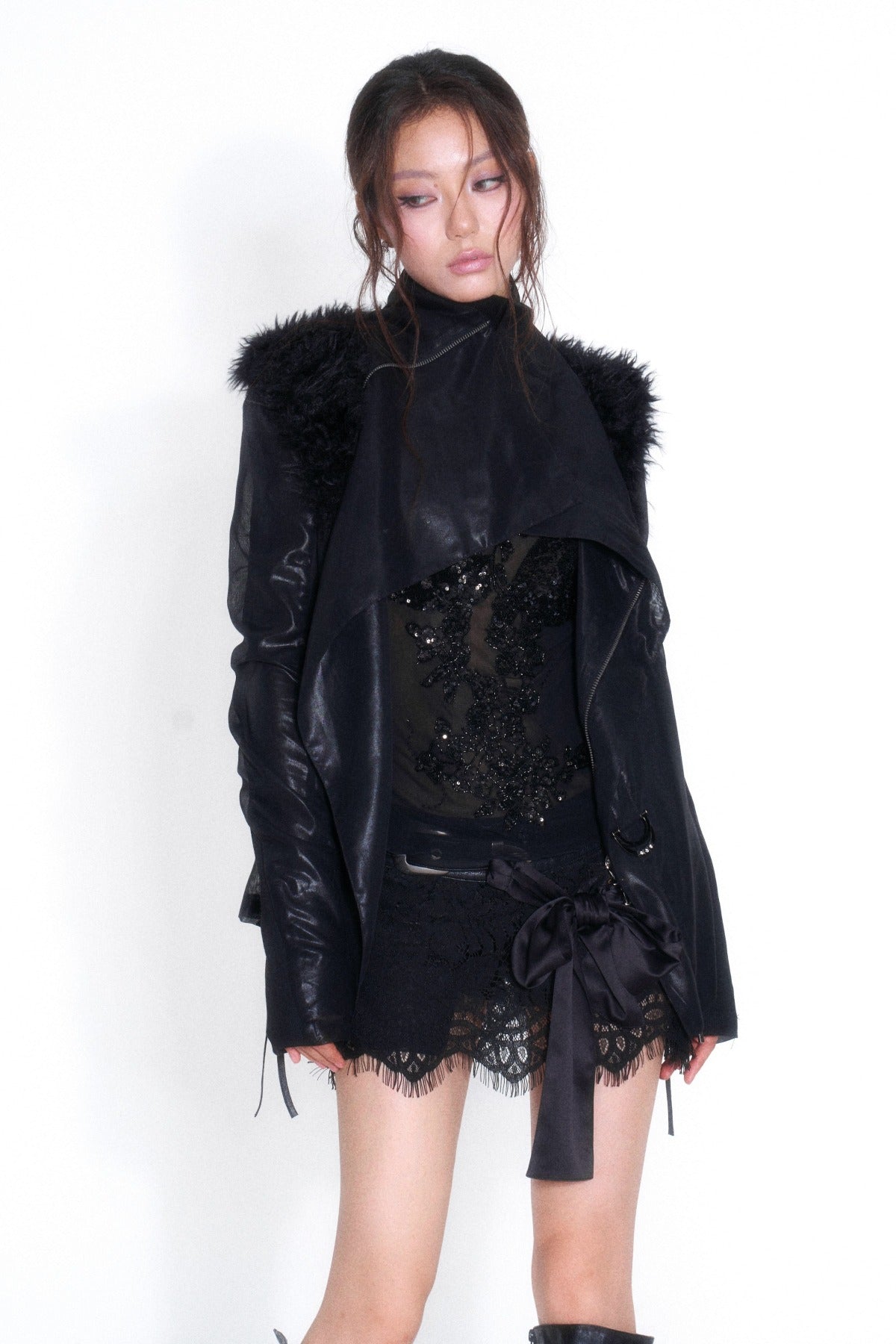 Low-Waist Lace Belt Metal Buckle Bow Skirt