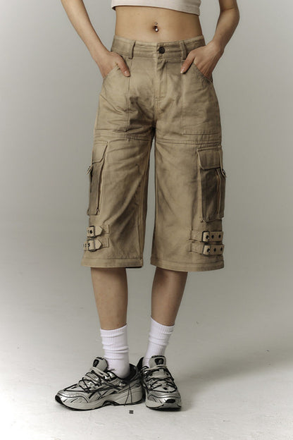 Detachable Washed Workwear Wide-Leg Pants