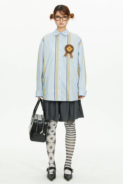 Blue Yellow Contrast Striped Long-Sleeved Shirt