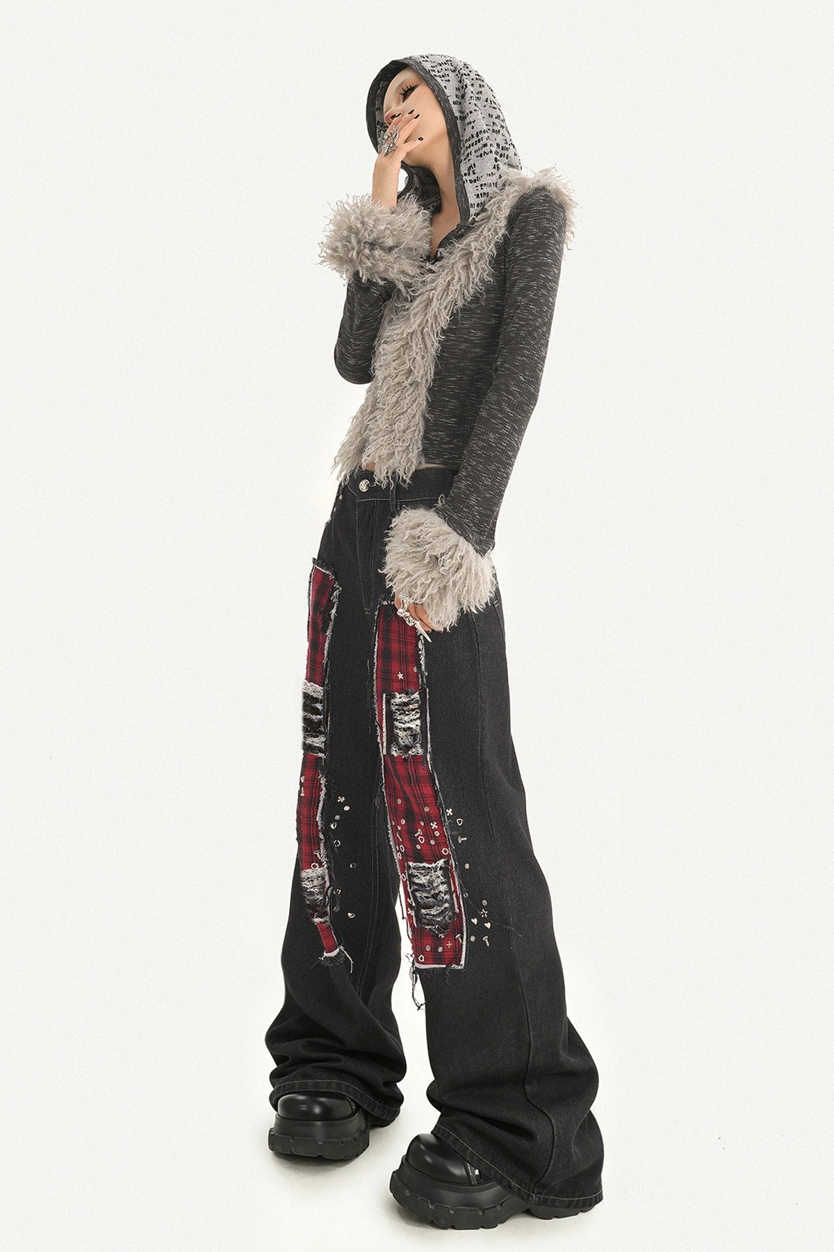 Black Red Plaid Punk Jeans