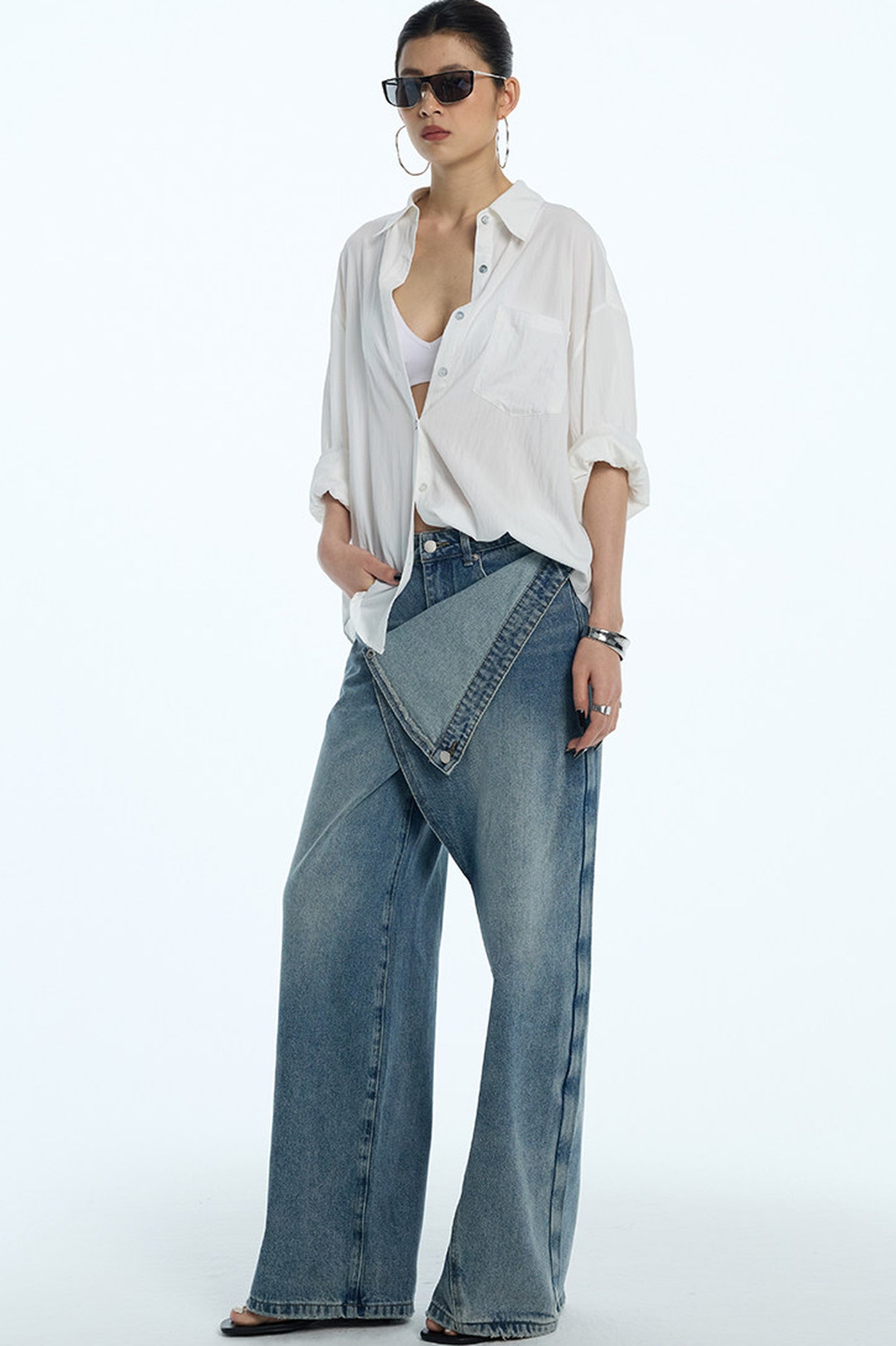 Asymmetrical Deconstructed Denim Wide-Leg Pants