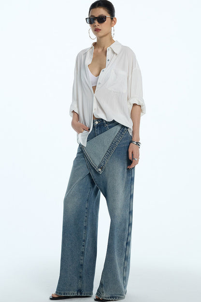 Asymmetrical Deconstructed Denim Wide-Leg Pants