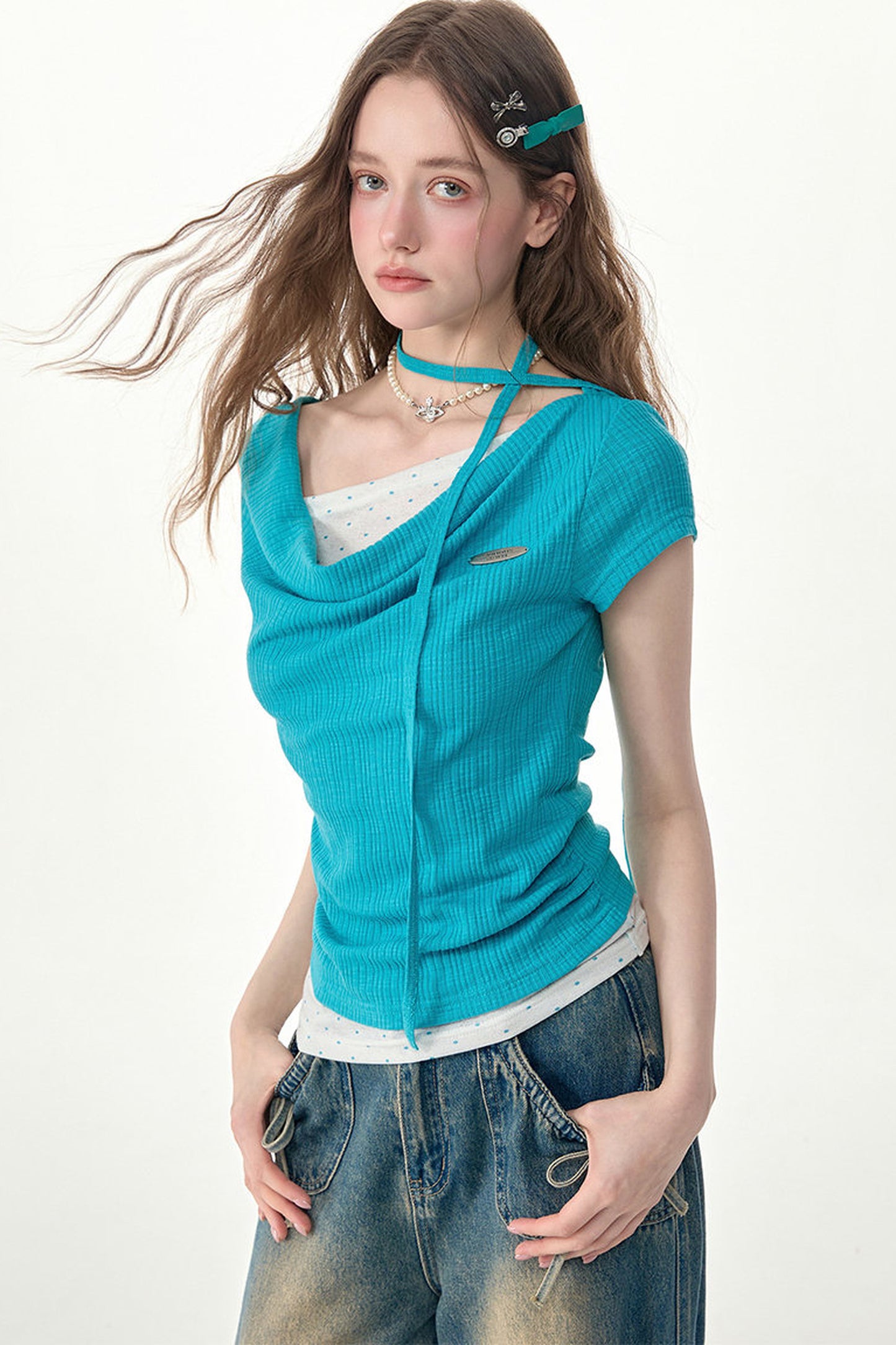 Blue Polka Dot Asymmetric Ruffle T-Shirt