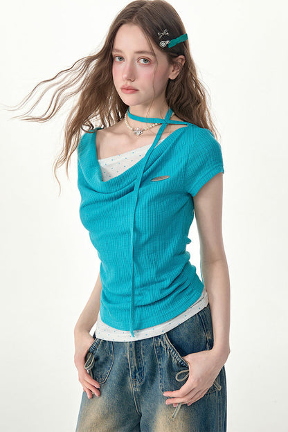 Blue Polka Dot Asymmetric Ruffle T-Shirt