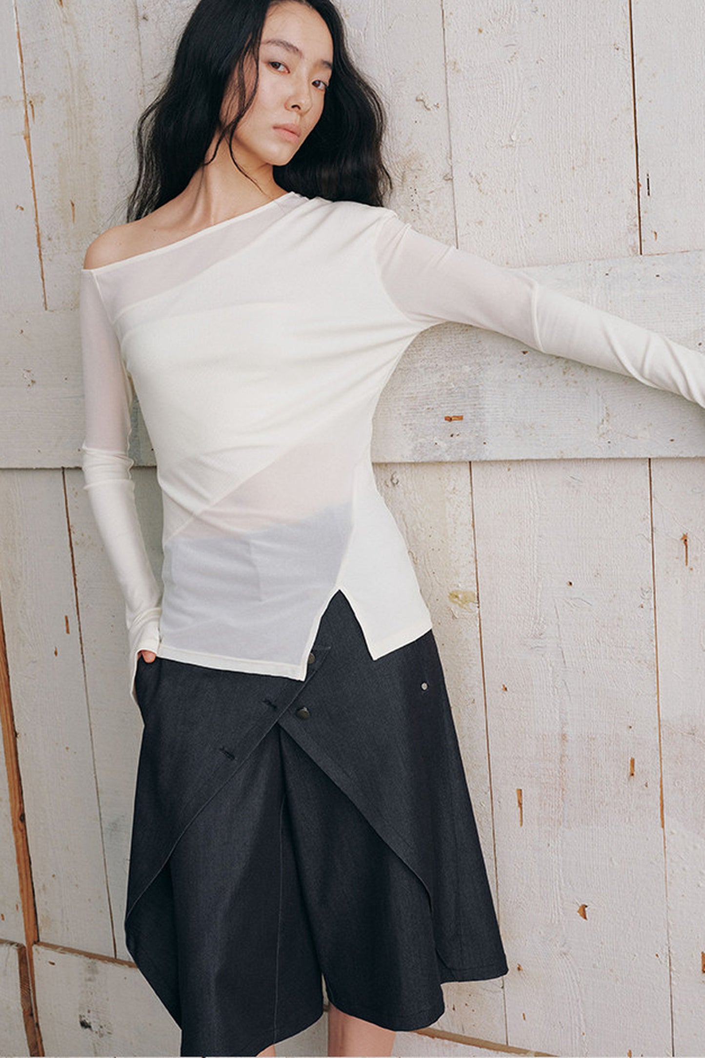 Asymmetrical Sheer Long Sleeve Blouse