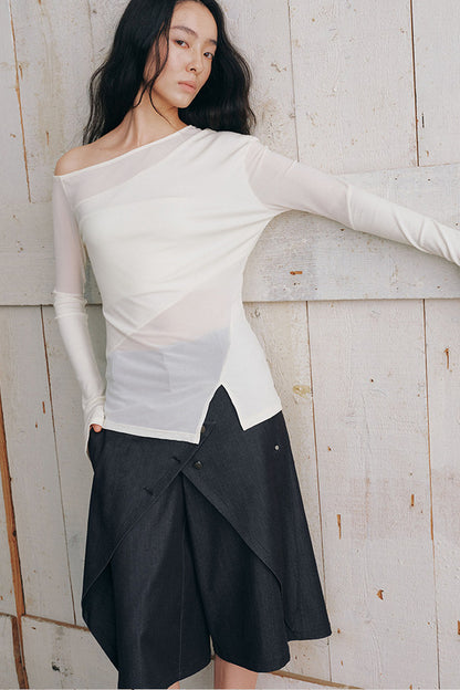 Asymmetrical Sheer Long Sleeve Blouse