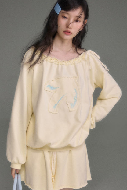 Bird And Tulip Raw Edge Patchwork Sweatshirt And Shorts Set
