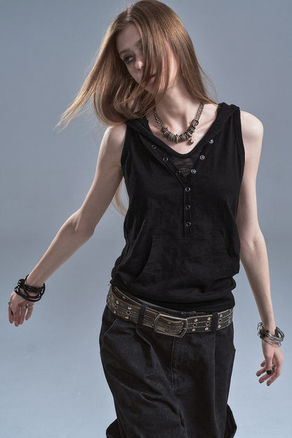 Hooded Patchwork Kangaroo Pocket Sleeveless Tank