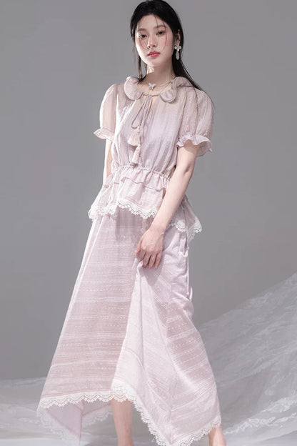 Romantic Sicily Lyocell Ruffle Collar Blouse Set-Up