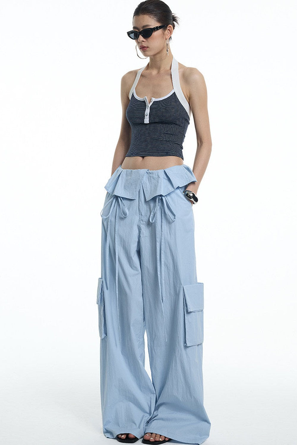 Ruffled Glacier Blue Wide-Leg Pants