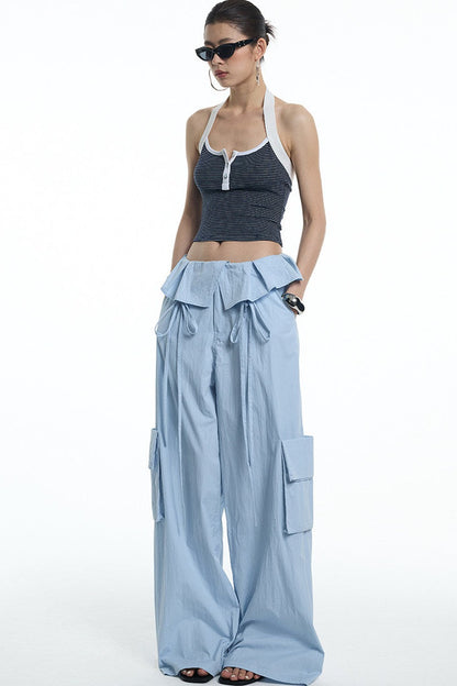 Ruffled Glacier Blue Wide-Leg Pants