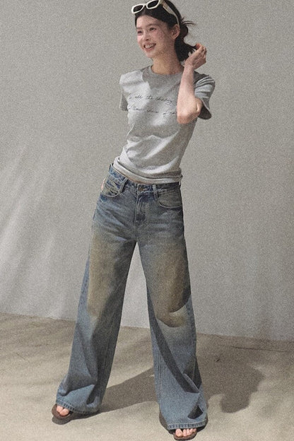 Vintage Hand-Painted Wide Leg Jeans Set
