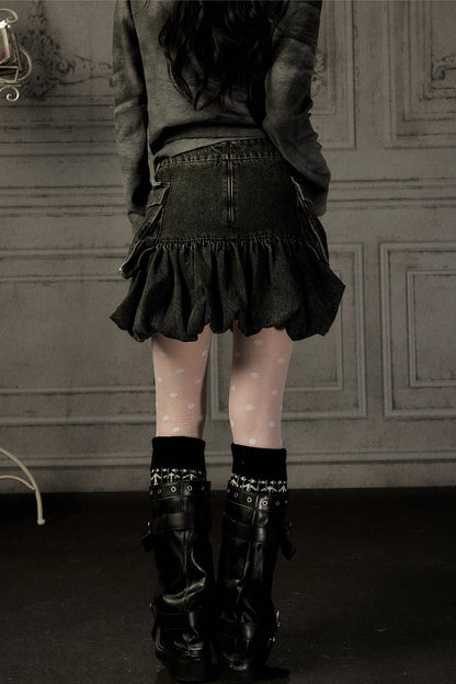 Black Denim Floral Puff Skirt