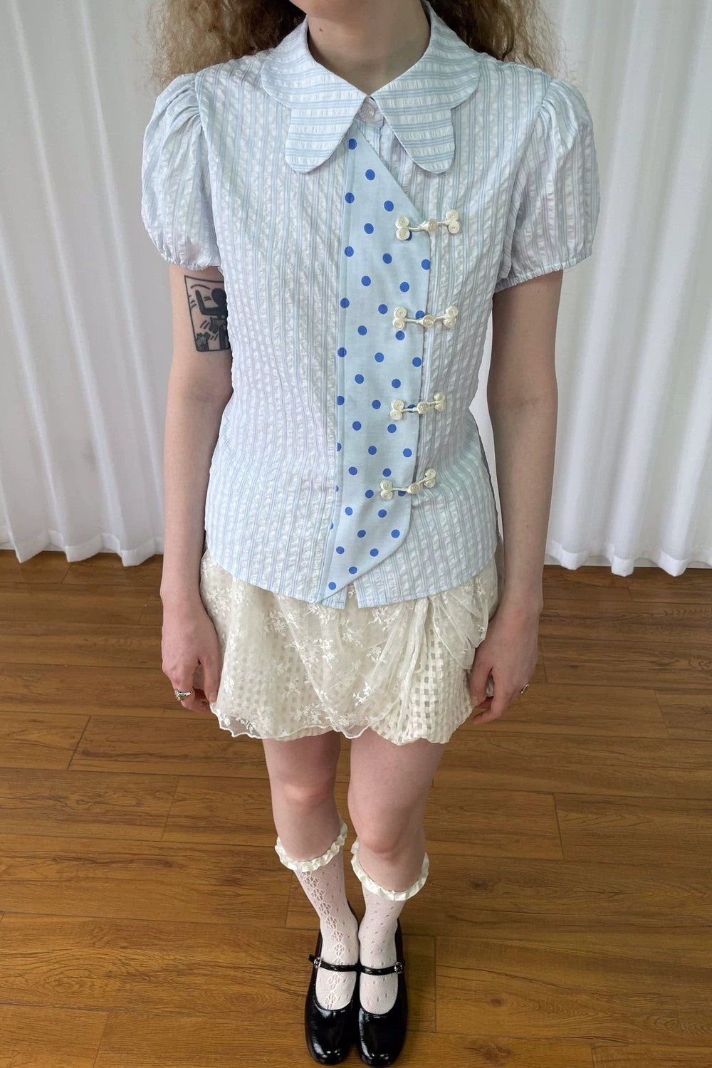 Blue Plaid Polka Dot Puff Sleeve Blouse