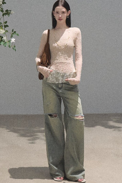 Silver Textured Knit Lace Top