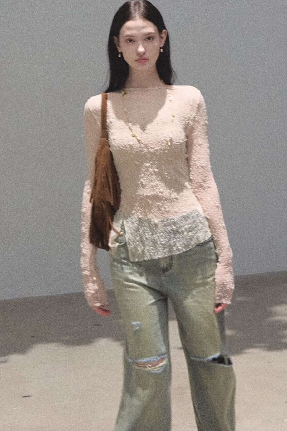 Silver Textured Knit Lace Top