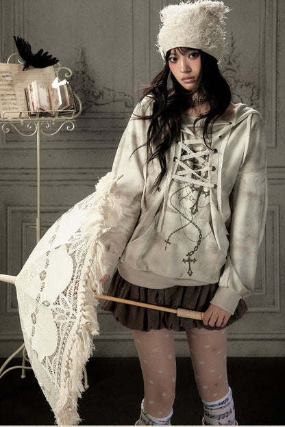 Distressed Drawstring Cross Print Hooded Pullover Sweatshirt