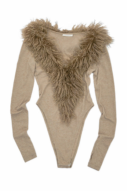 Long-Sleeve Wool V-Neck Bodysuit