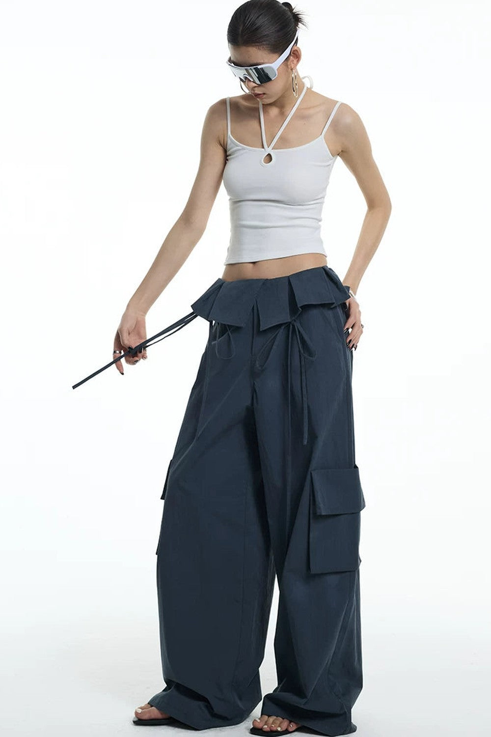 Ruffled Glacier Blue Wide-Leg Pants
