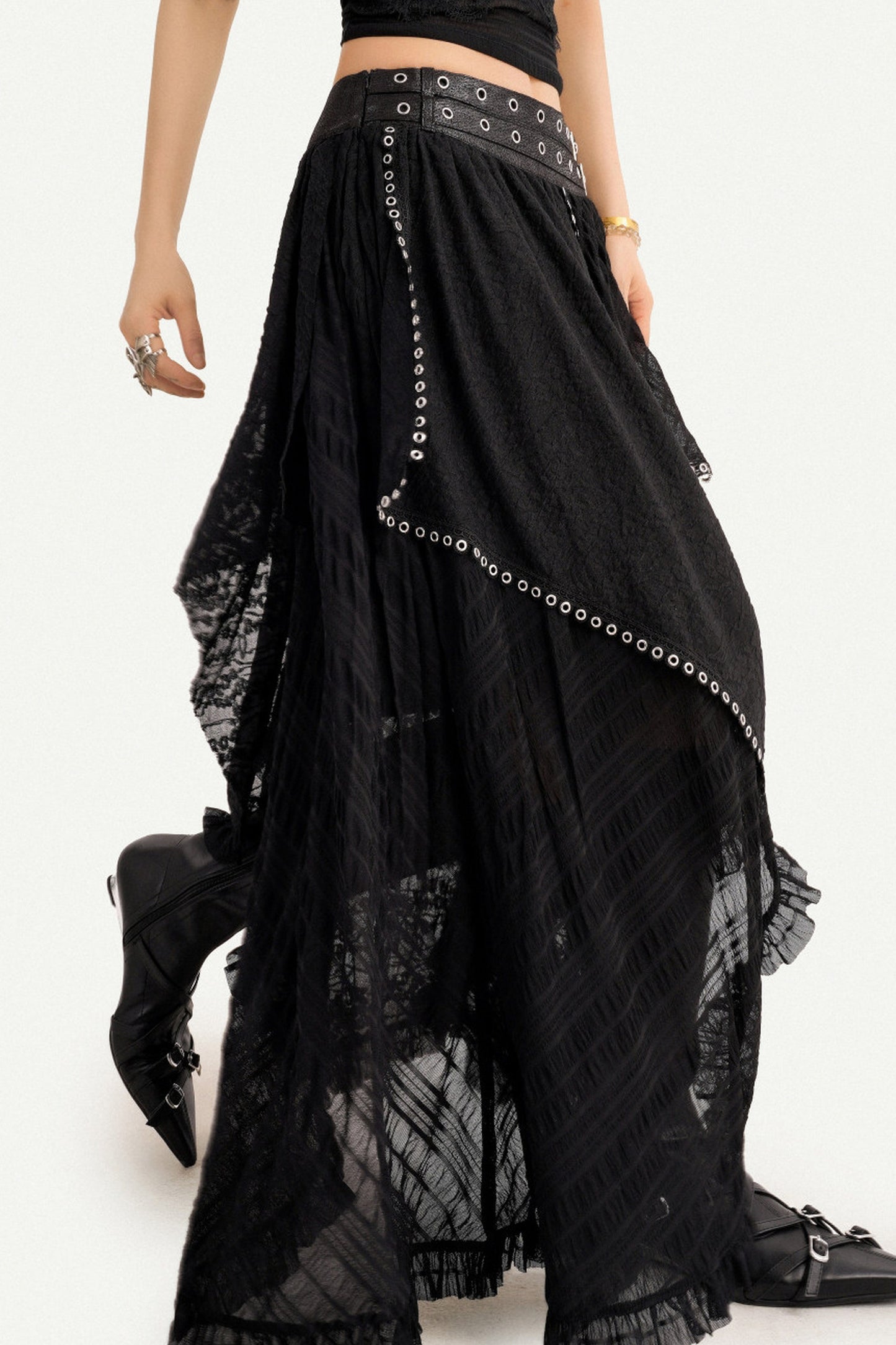 Gothic Lace Mesh Asymmetric Layered Hem Skirt