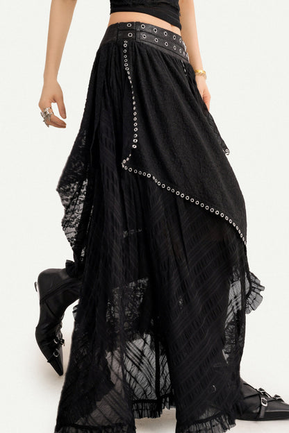 Gothic Lace Mesh Asymmetric Layered Hem Skirt
