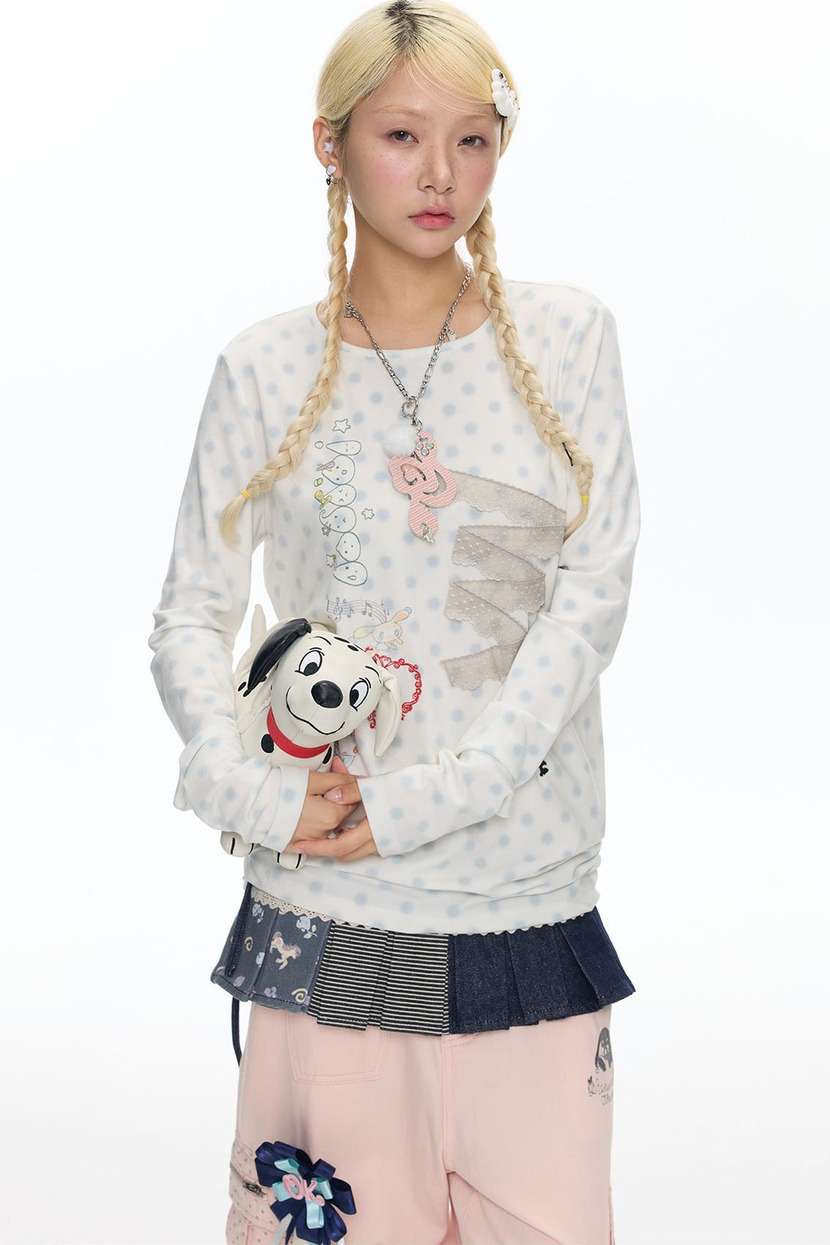 Polka Dot Lace Patchwork Long Sleeve T-Shirt