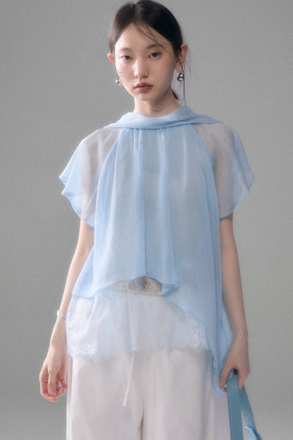 Sheer Blue Lace Ribbon Short Sleeve Top