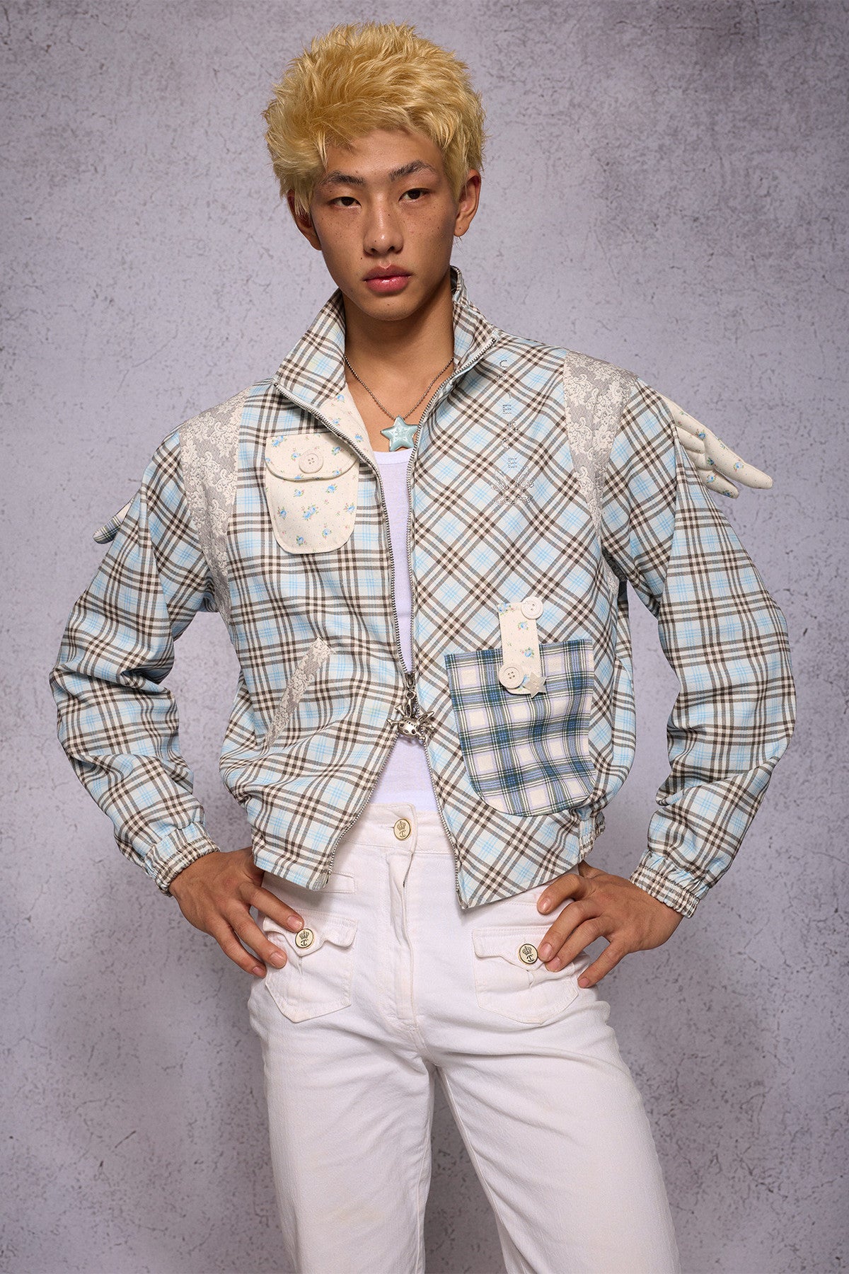 Jacke mit Engelsflügeln, Karomuster, Patchwork und Strass