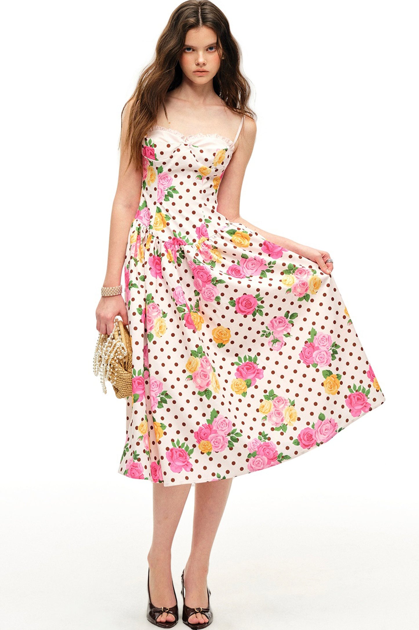 Polka Dot Rose Print Bra Dress Set-Up