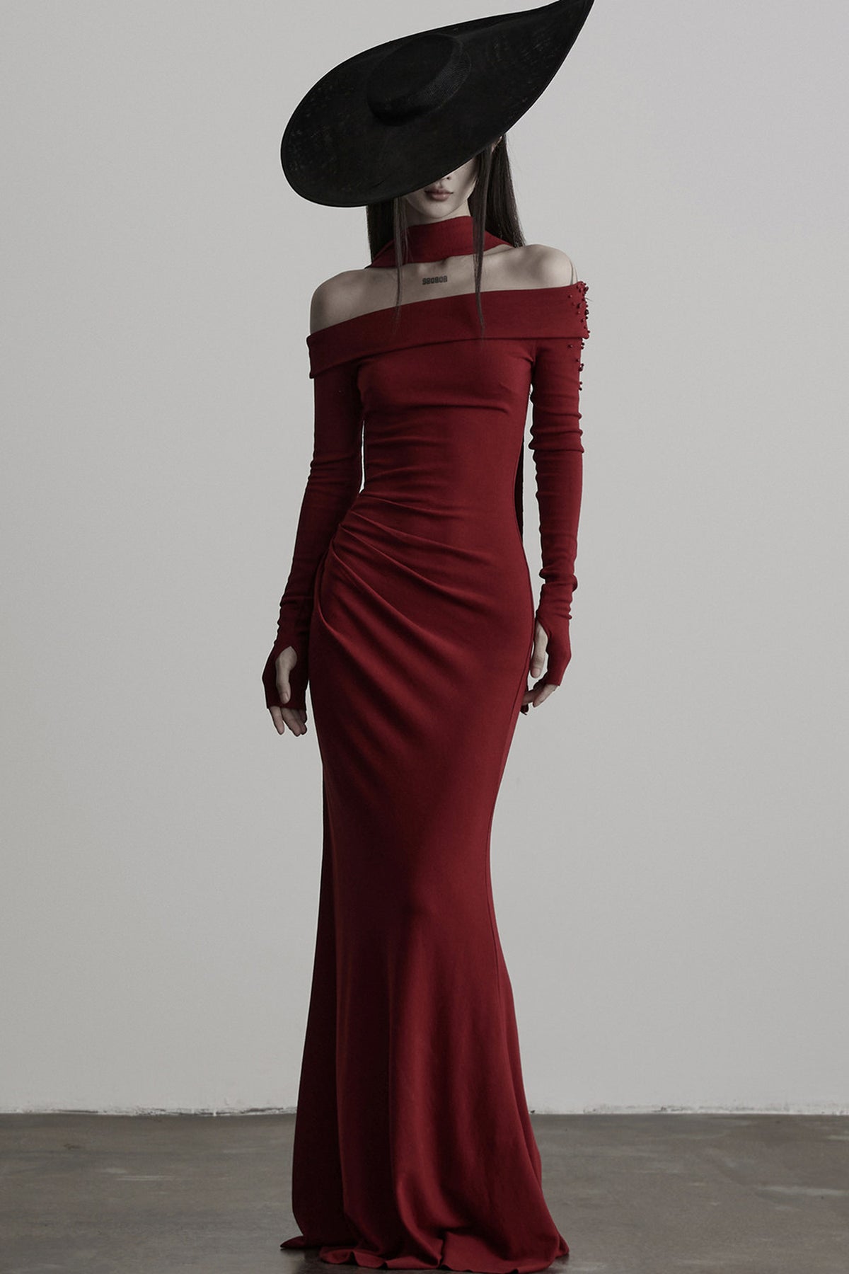 French Off-Shoulder Knitted Long-Sleeve Dress