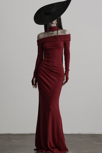 French Off-Shoulder Knitted Long-Sleeve Dress