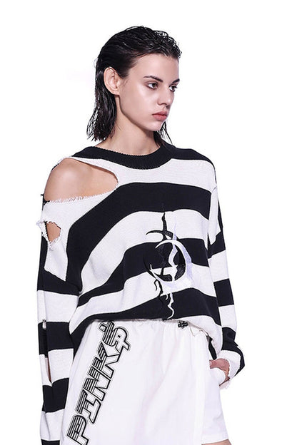 Loose Offset Embroidery Distressed Striped Sweater