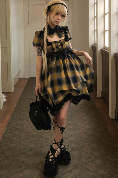 Yellow Plaid Puff Sleeve Dress Set-Up