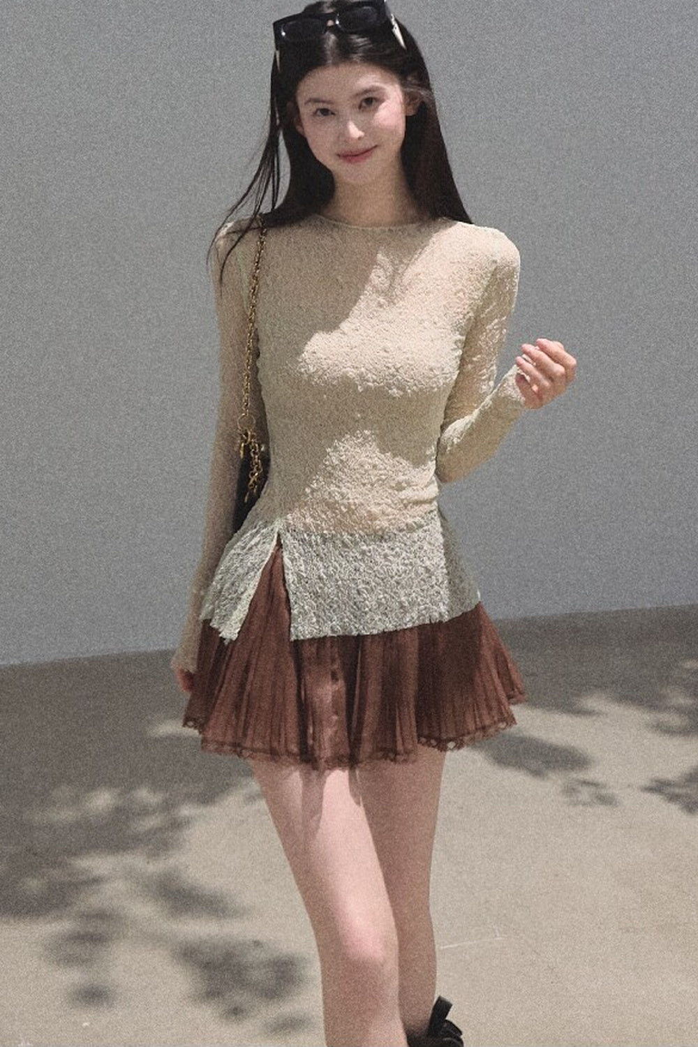 Silver Textured Knit Lace Top