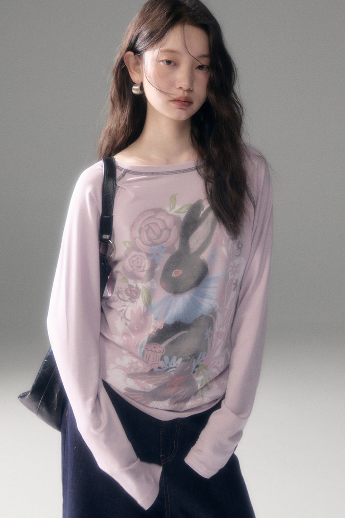 Bunny Print Tencel Long-Sleeved T-Shirt and Pants Set-Up