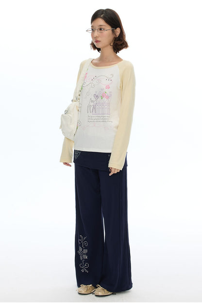Deer Rose Print Long Sleeve Raglan Tee