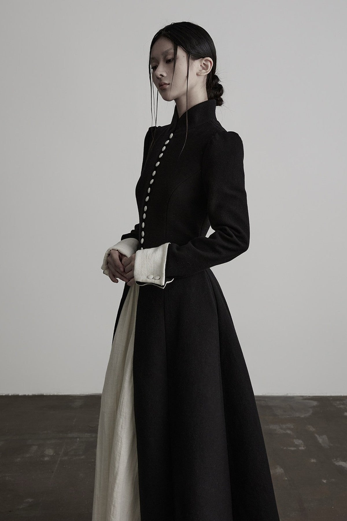 100% Wool Stand Collar Tie-Back Long Coat