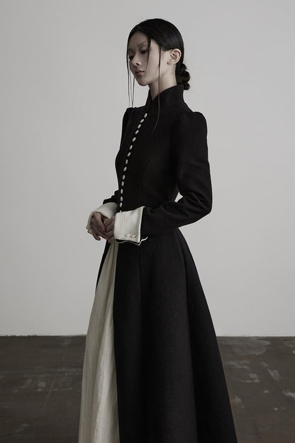 100% Wool Stand Collar Tie-Back Long Coat