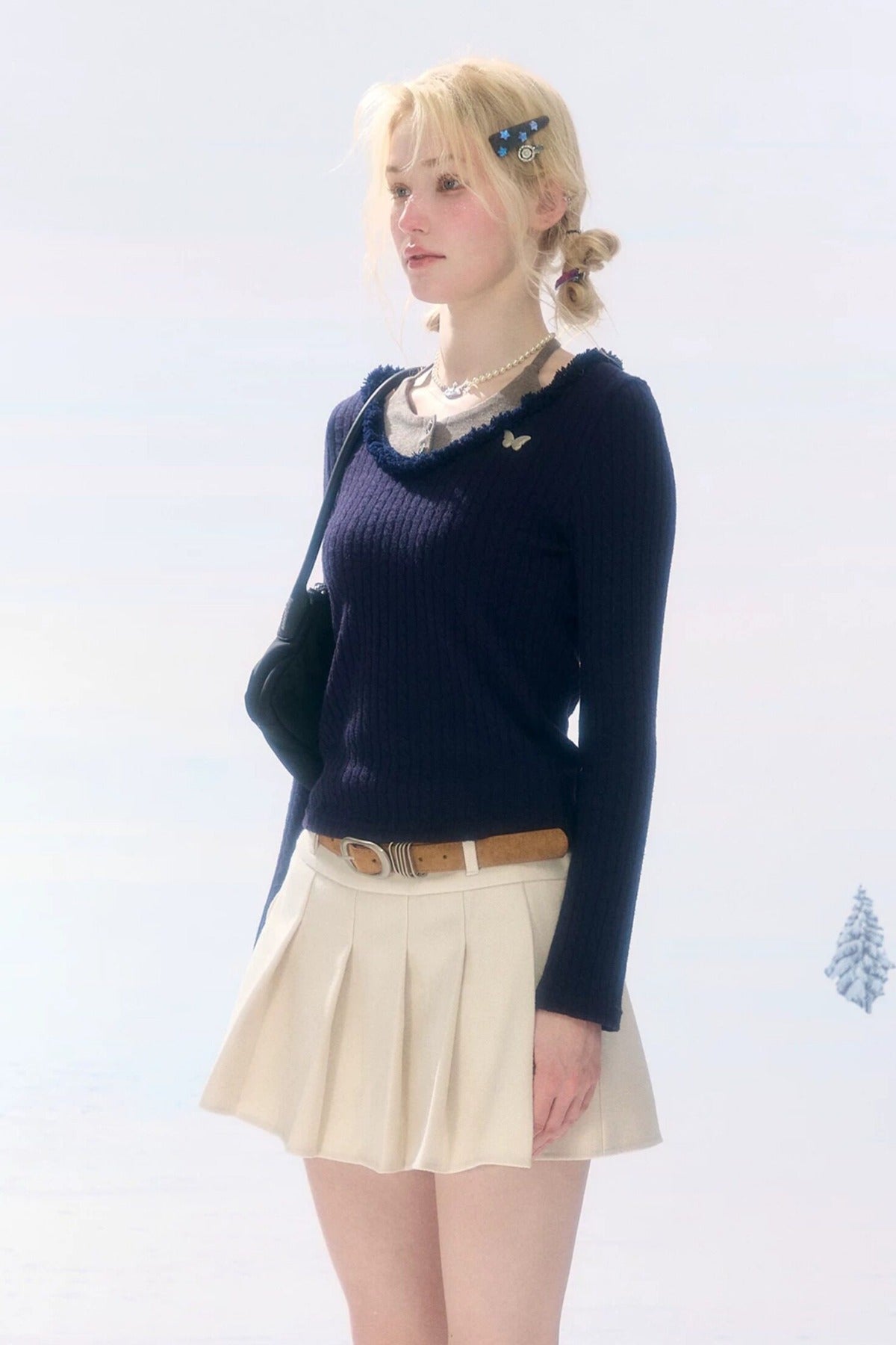 Pleated High Waist Woolen Skirt