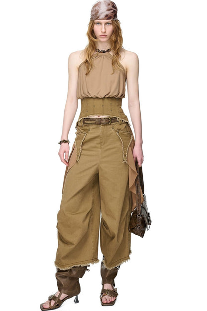 Washed Khaki Patchwork Halter Corset