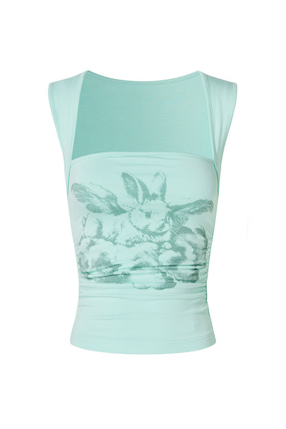 Rabbit Print Ruched Square Neck Tank Top