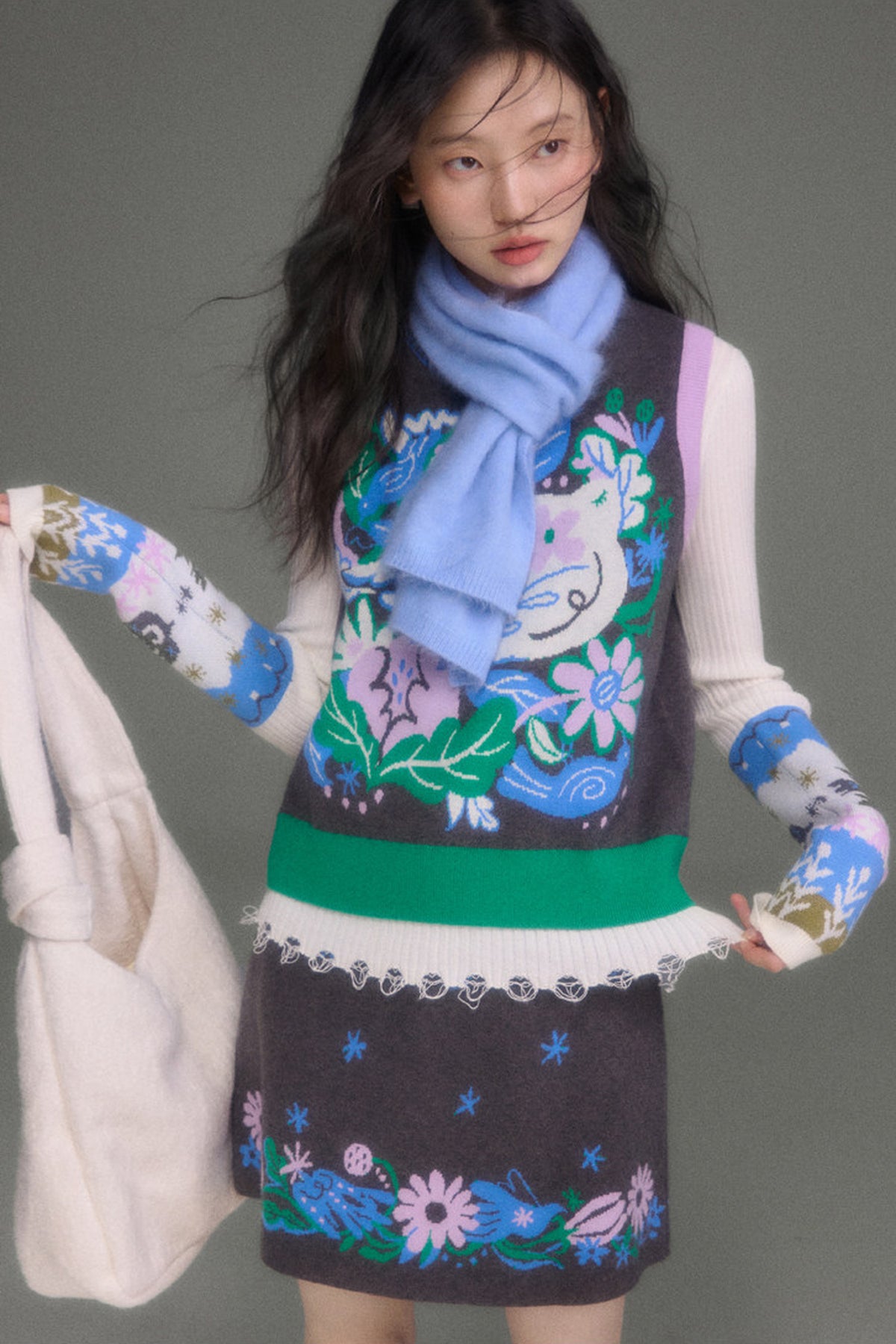 Nightingale Rose Bird Jacquard Knit Cardigan Vest and Skirt Set-Up