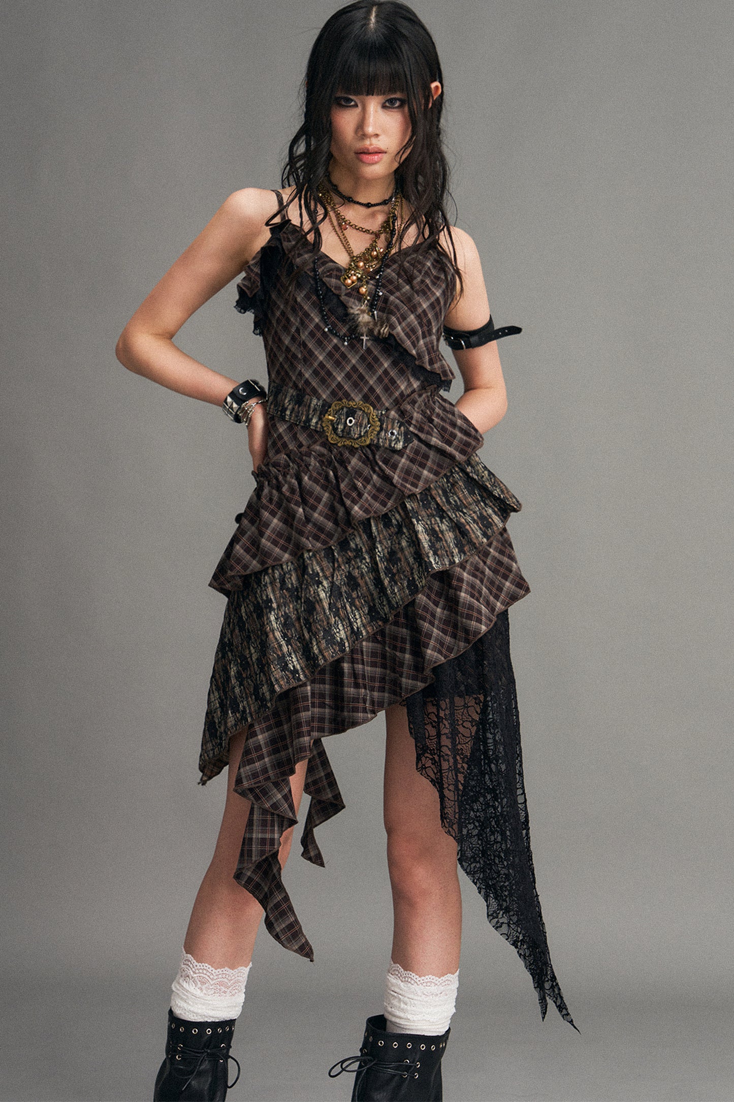 Retro Irregular Plaid Dress